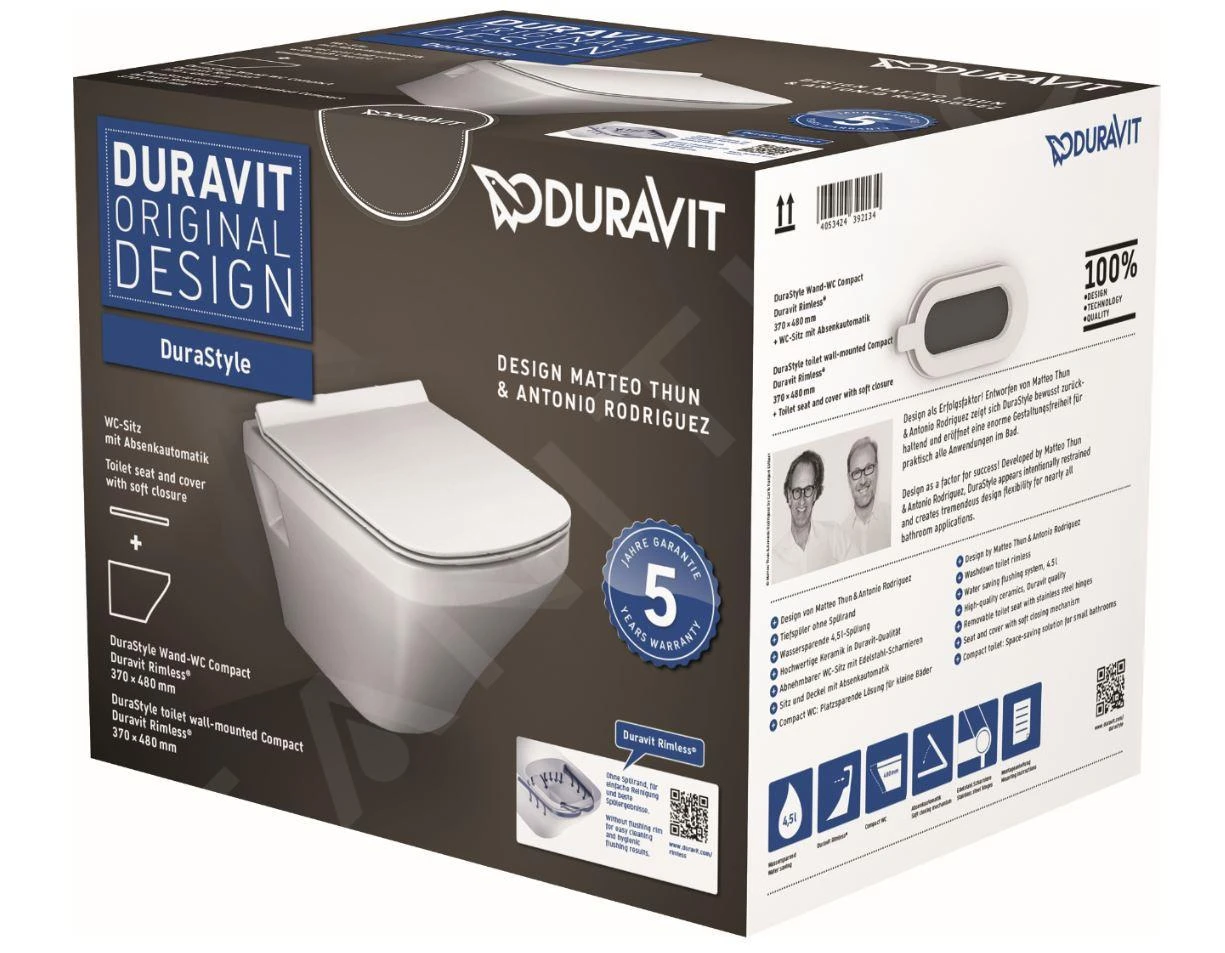 Duravit DuraStyle - Compact Wandcloset, Softclose WC-zitting, Rimless, Alpine Wit 45710900A1 8 Duravit DuraStyle - Compact Wandcloset, Softclose WC-zitting, Rimless, Alpine Wit 45710900A1 - Afbeelding 6